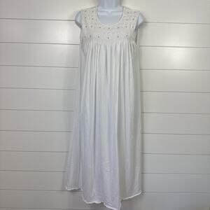 P.Jamas Smocked Pima Cotton Sleeveless Long Nightgown White sz L